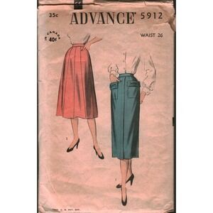 Vintage Advance 5912 Sewing Pattern Skirt Pockets Gored Waist 26 Mid Century